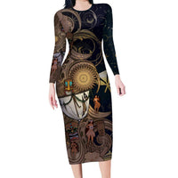 Hawaii Makahiki Family Matching Long Sleeve Bodycon Dress and Hawaiian Shirt Polynesian Sky And Earth DT05 Mom's Dress Gold - Polynesian Pride