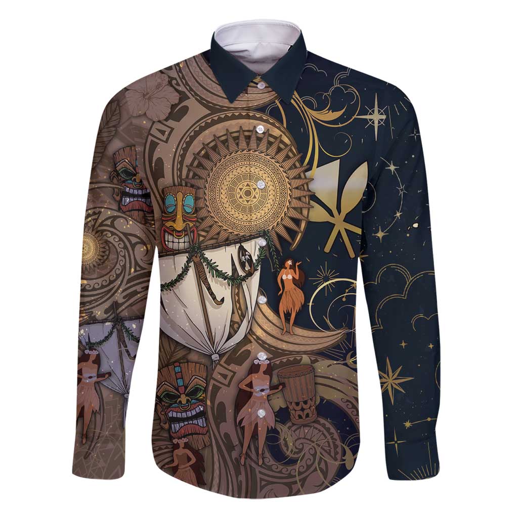 Hawaii Makahiki Family Matching Mermaid Dress and Hawaiian Shirt Polynesian Sky And Earth DT05 Dad's Shirt - Long Sleeve Gold - Polynesian Pride