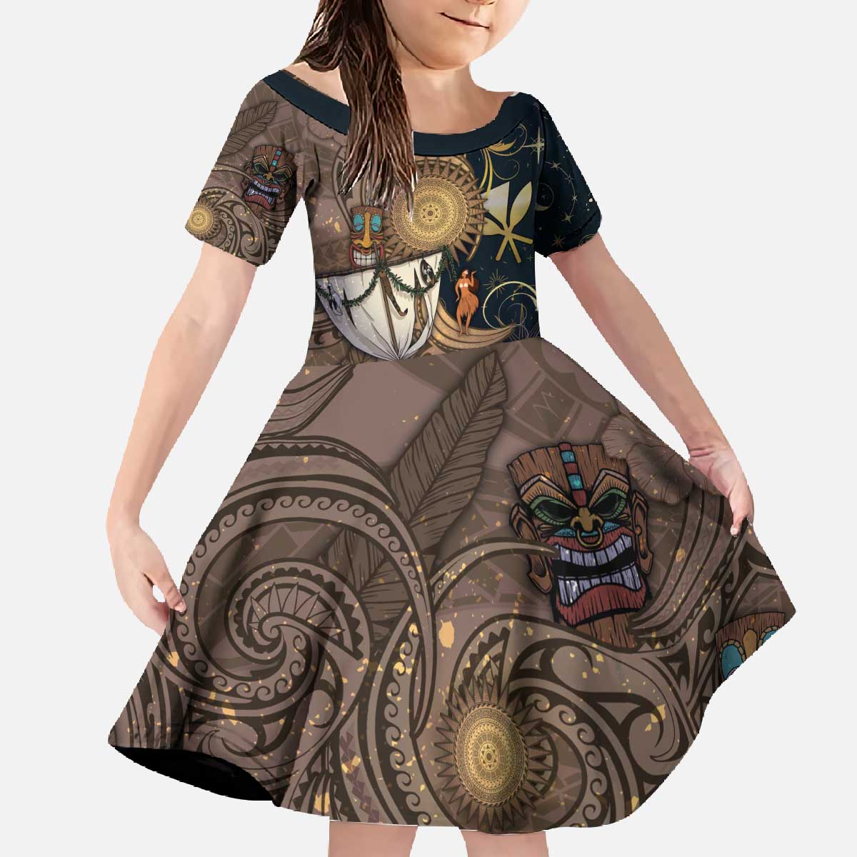 Hawaii Makahiki Family Matching Off The Shoulder Long Sleeve Dress and Hawaiian Shirt Polynesian Sky And Earth DT05 Daughter's Dress Gold - Polynesian Pride