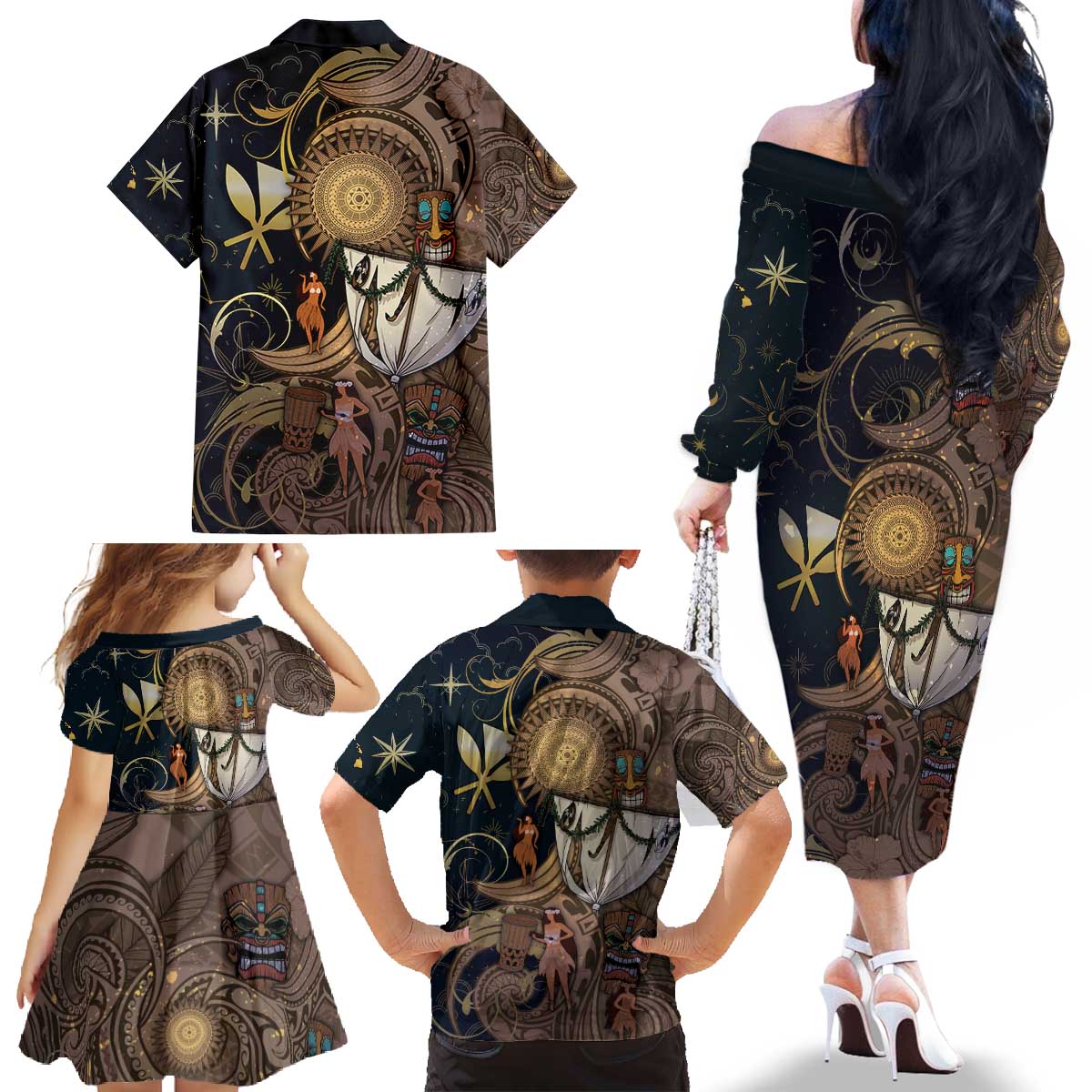 Hawaii Makahiki Family Matching Off The Shoulder Long Sleeve Dress and Hawaiian Shirt Polynesian Sky And Earth DT05 - Polynesian Pride