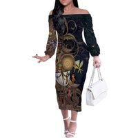 Hawaii Makahiki Family Matching Off The Shoulder Long Sleeve Dress and Hawaiian Shirt Polynesian Sky And Earth DT05 Mom's Dress Gold - Polynesian Pride