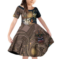 Hawaii Makahiki Family Matching Off Shoulder Short Dress and Hawaiian Shirt Polynesian Sky And Earth DT05 Daughter's Dress Gold - Polynesian Pride