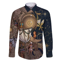 Hawaii Makahiki Family Matching Off Shoulder Short Dress and Hawaiian Shirt Polynesian Sky And Earth DT05 Dad's Shirt - Long Sleeve Gold - Polynesian Pride