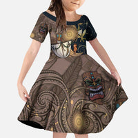 Hawaii Makahiki Family Matching Short Sleeve Bodycon Dress and Hawaiian Shirt Polynesian Sky And Earth DT05 Daughter's Dress Gold - Polynesian Pride
