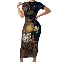 Hawaii Makahiki Family Matching Short Sleeve Bodycon Dress and Hawaiian Shirt Polynesian Sky And Earth DT05 Mom's Dress Gold - Polynesian Pride