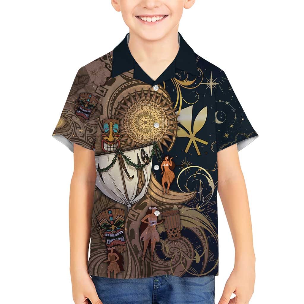 Hawaii Makahiki Family Matching Short Sleeve Bodycon Dress and Hawaiian Shirt Polynesian Sky And Earth DT05 Son's Shirt Gold - Polynesian Pride
