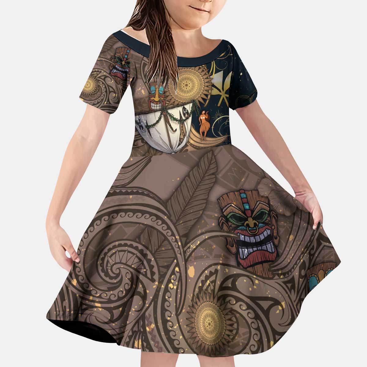 Hawaii Makahiki Kid Short Sleeve Dress Polynesian Sky And Earth - Polynesian Pride