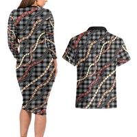Hawaii Palaka Niihau Shell Lei Couples Matching Long Sleeve Bodycon Dress and Hawaiian Shirt Tropical Island Plaid Patterns