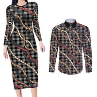 Hawaii Palaka Niihau Shell Lei Couples Matching Long Sleeve Bodycon Dress and Long Sleeve Button Shirt Tropical Island Plaid Patterns