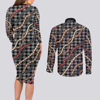 Hawaii Palaka Niihau Shell Lei Couples Matching Long Sleeve Bodycon Dress and Long Sleeve Button Shirt Tropical Island Plaid Patterns