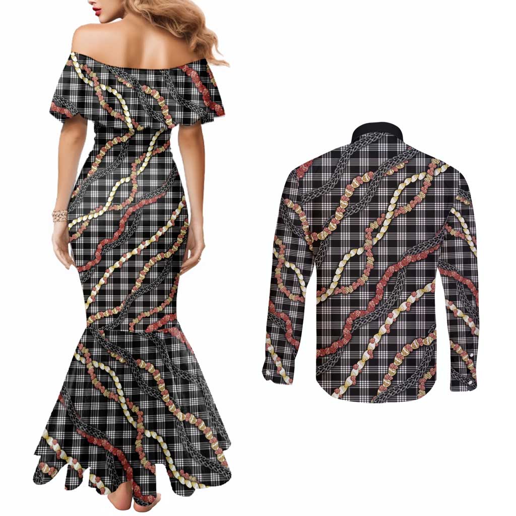 Hawaii Palaka Niihau Shell Lei Couples Matching Mermaid Dress and Long Sleeve Button Shirt Tropical Island Plaid Patterns