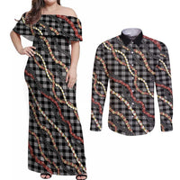 Hawaii Palaka Niihau Shell Lei Couples Matching Off Shoulder Maxi Dress and Long Sleeve Button Shirt Tropical Island Plaid Patterns
