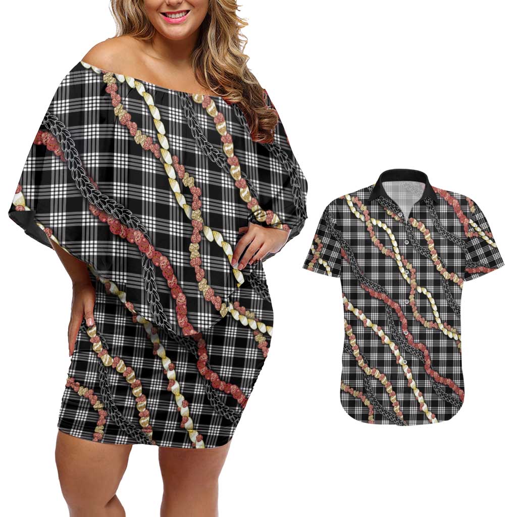 Hawaii Palaka Niihau Shell Lei Couples Matching Off Shoulder Short Dress and Hawaiian Shirt Tropical Island Plaid Patterns DT05 Black - Polynesian Pride