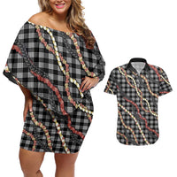 Hawaii Palaka Niihau Shell Lei Couples Matching Off Shoulder Short Dress and Hawaiian Shirt Tropical Island Plaid Patterns DT05 Black - Polynesian Pride