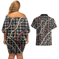 Hawaii Palaka Niihau Shell Lei Couples Matching Off Shoulder Short Dress and Hawaiian Shirt Tropical Island Plaid Patterns DT05 - Polynesian Pride
