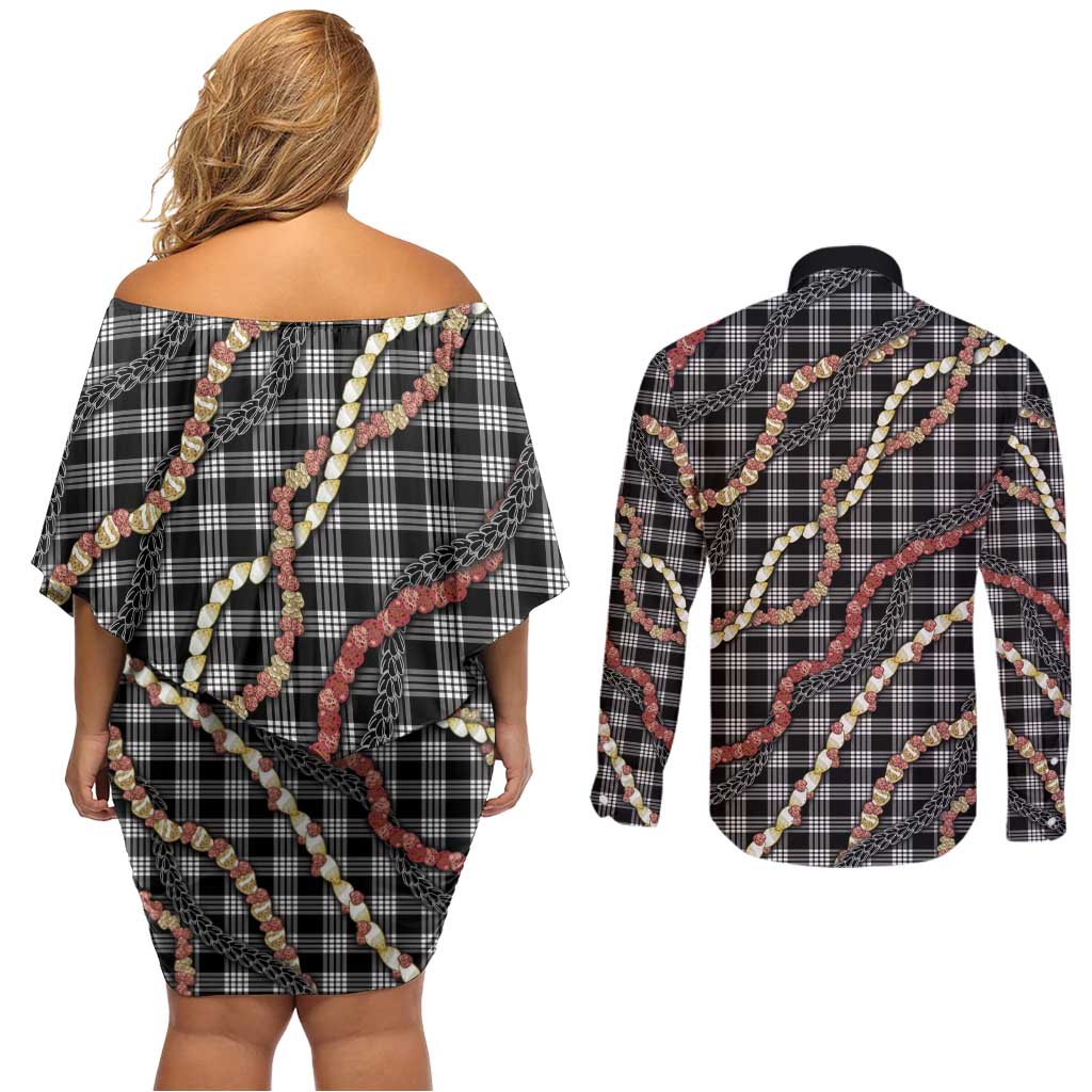 Hawaii Palaka Niihau Shell Lei Couples Matching Off Shoulder Short Dress and Long Sleeve Button Shirt Tropical Island Plaid Patterns