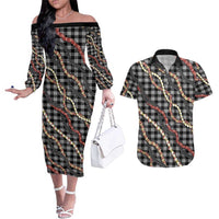 Hawaii Palaka Niihau Shell Lei Couples Matching Off The Shoulder Long Sleeve Dress and Hawaiian Shirt Tropical Island Plaid Patterns