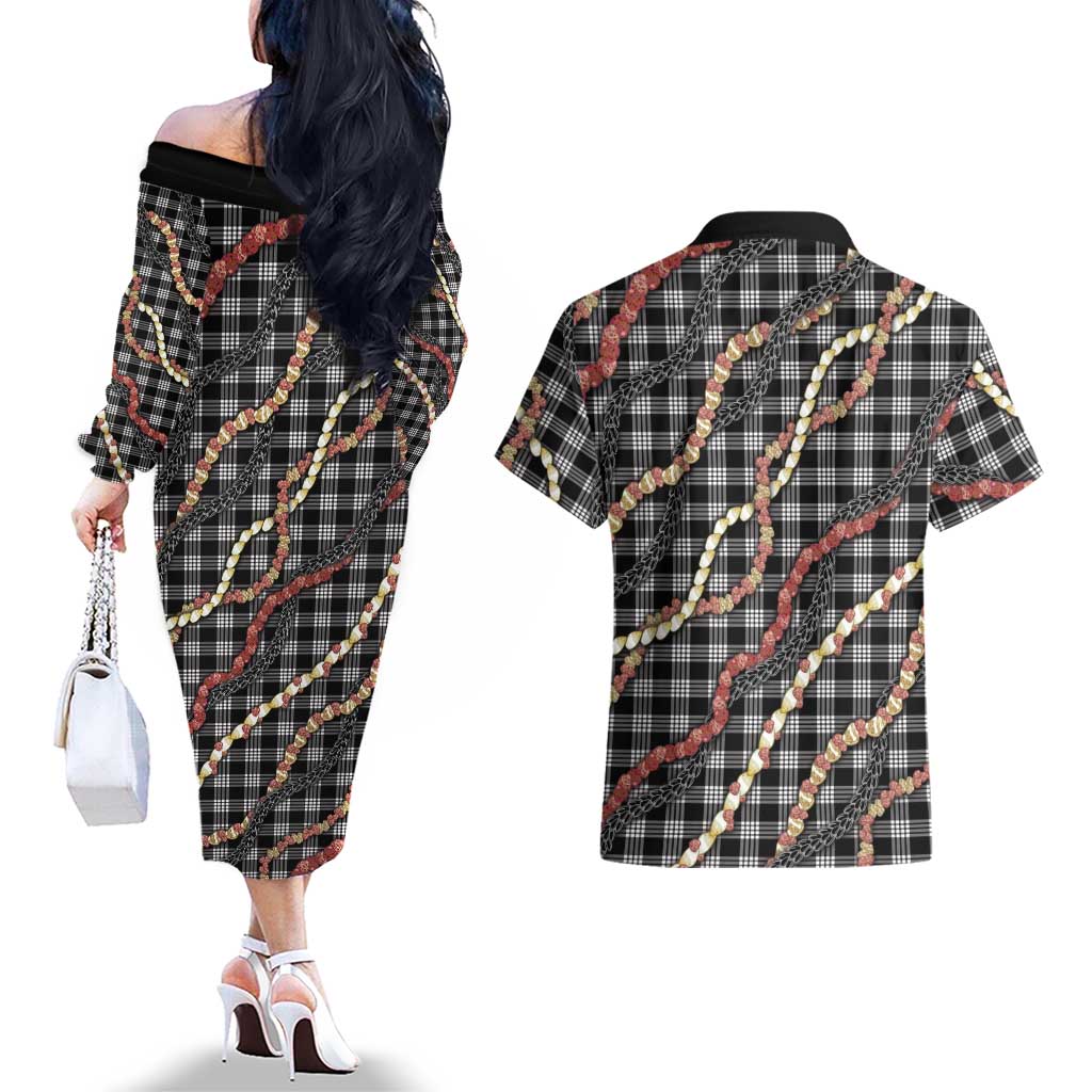 Hawaii Palaka Niihau Shell Lei Couples Matching Off The Shoulder Long Sleeve Dress and Hawaiian Shirt Tropical Island Plaid Patterns