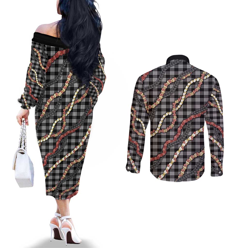 Hawaii Palaka Niihau Shell Lei Couples Matching Off The Shoulder Long Sleeve Dress and Long Sleeve Button Shirt Tropical Island Plaid Patterns