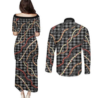 Hawaii Palaka Niihau Shell Lei Couples Matching Puletasi and Long Sleeve Button Shirt Tropical Island Plaid Patterns
