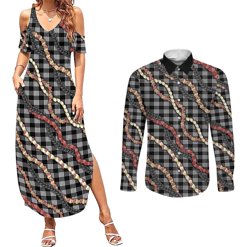 Hawaii Palaka Niihau Shell Lei Couples Matching Summer Maxi Dress and Long Sleeve Button Shirt Tropical Island Plaid Patterns