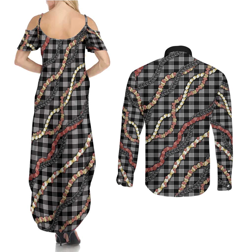 Hawaii Palaka Niihau Shell Lei Couples Matching Summer Maxi Dress and Long Sleeve Button Shirt Tropical Island Plaid Patterns