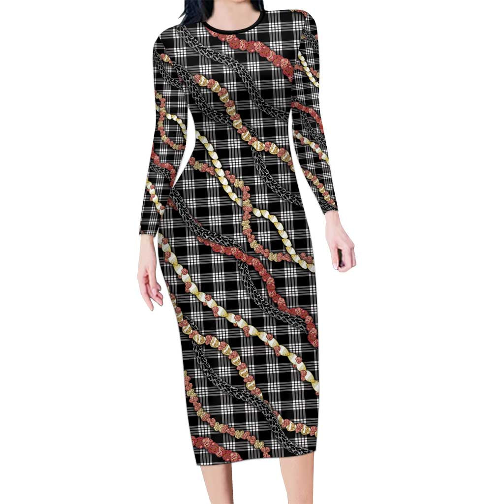 Hawaii Palaka Niihau Shell Lei Family Matching Long Sleeve Bodycon Dress and Hawaiian Shirt Tropical Island Plaid Patterns DT05 Mom's Dress Black - Polynesian Pride