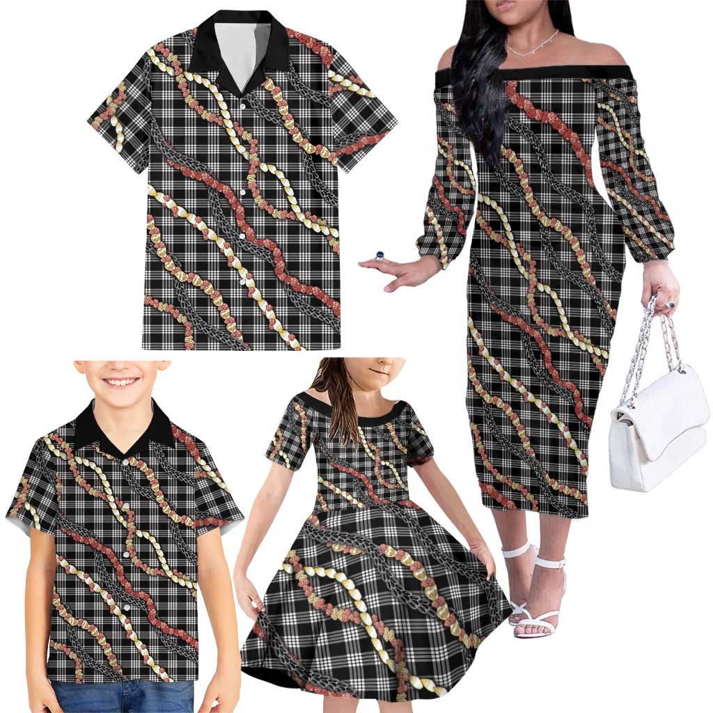 Hawaii Palaka Niihau Shell Lei Family Matching Off The Shoulder Long Sleeve Dress and Hawaiian Shirt Tropical Island Plaid Patterns