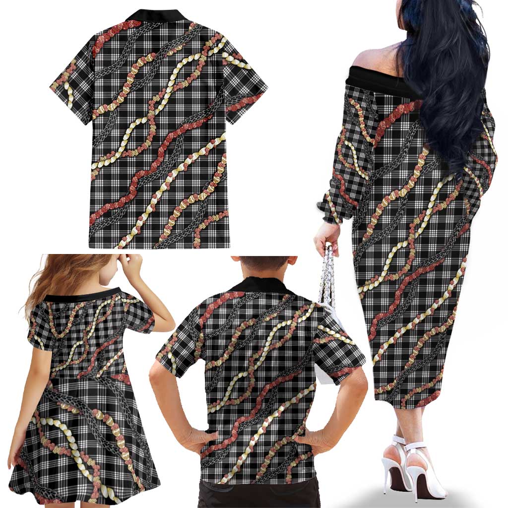 Hawaii Palaka Niihau Shell Lei Family Matching Off The Shoulder Long Sleeve Dress and Hawaiian Shirt Tropical Island Plaid Patterns DT05 - Polynesian Pride