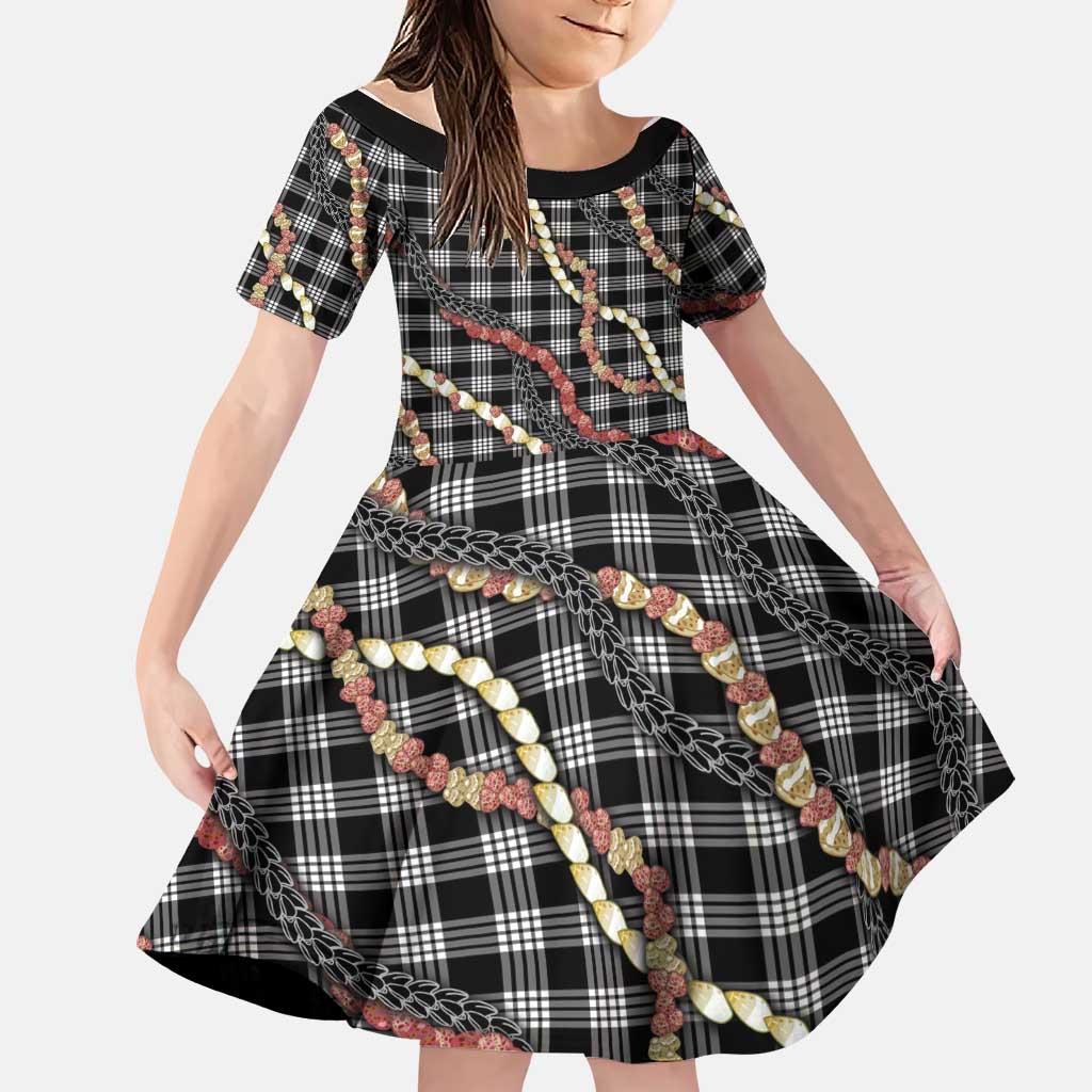 Hawaii Palaka Niihau Shell Lei Family Matching Puletasi and Hawaiian Shirt Tropical Island Plaid Patterns DT05 Daughter's Dress Black - Polynesian Pride