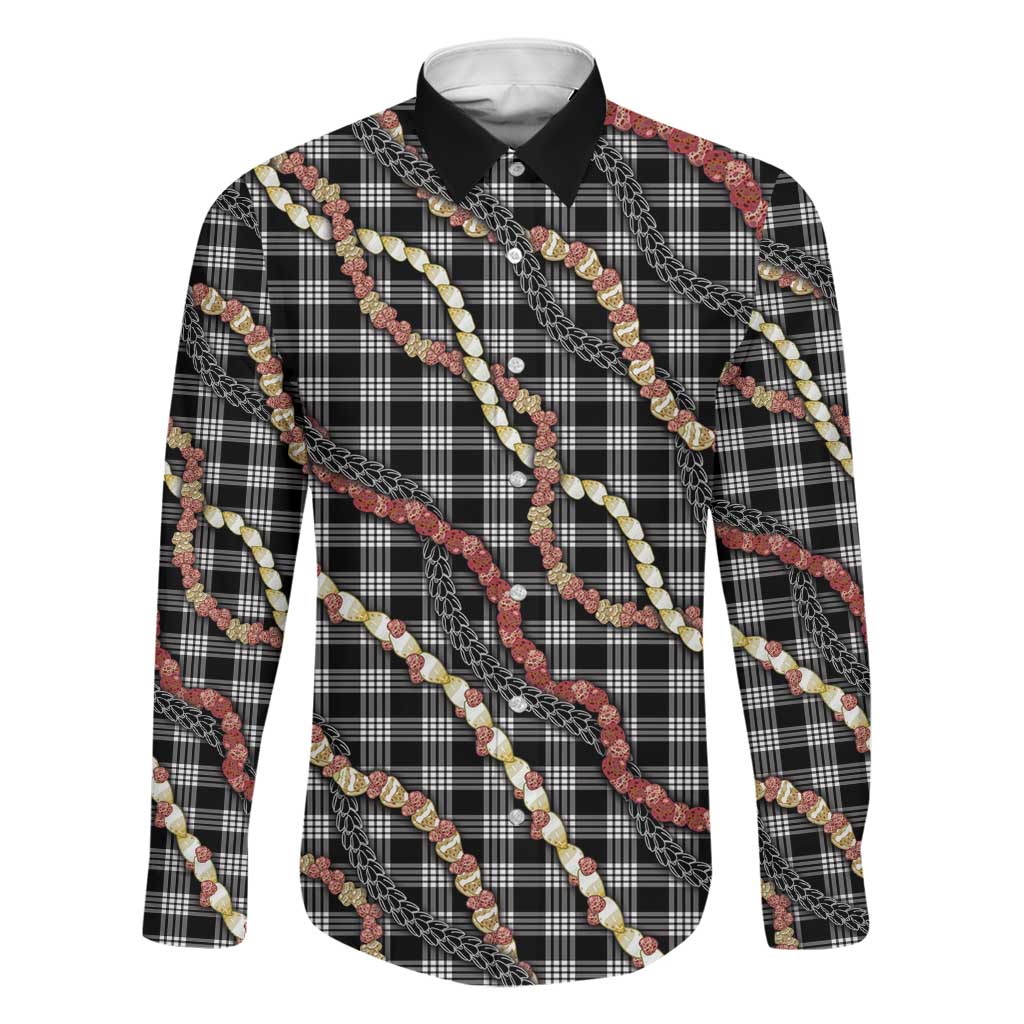 Hawaii Palaka Niihau Shell Lei Family Matching Puletasi and Hawaiian Shirt Tropical Island Plaid Patterns DT05 Dad's Shirt - Long Sleeve Black - Polynesian Pride