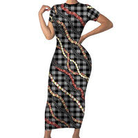 Hawaii Palaka Niihau Shell Lei Family Matching Short Sleeve Bodycon Dress and Hawaiian Shirt Tropical Island Plaid Patterns DT05 Mom's Dress Black - Polynesian Pride