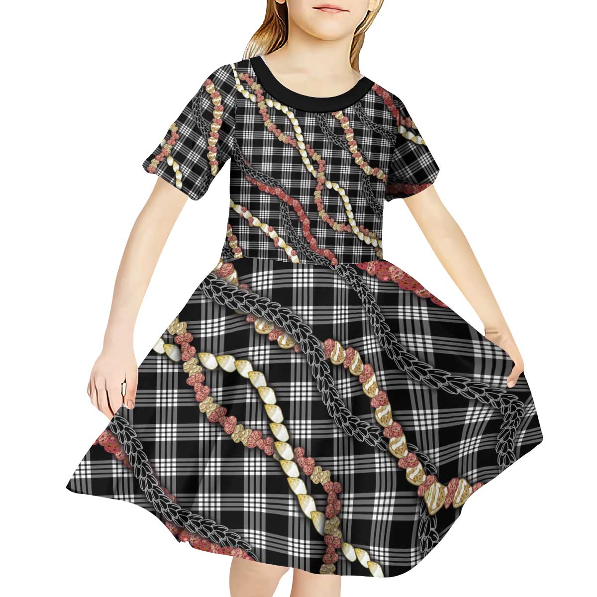 Hawaii Palaka Niihau Shell Lei Kid Short Sleeve Dress Tropical Island Plaid Patterns