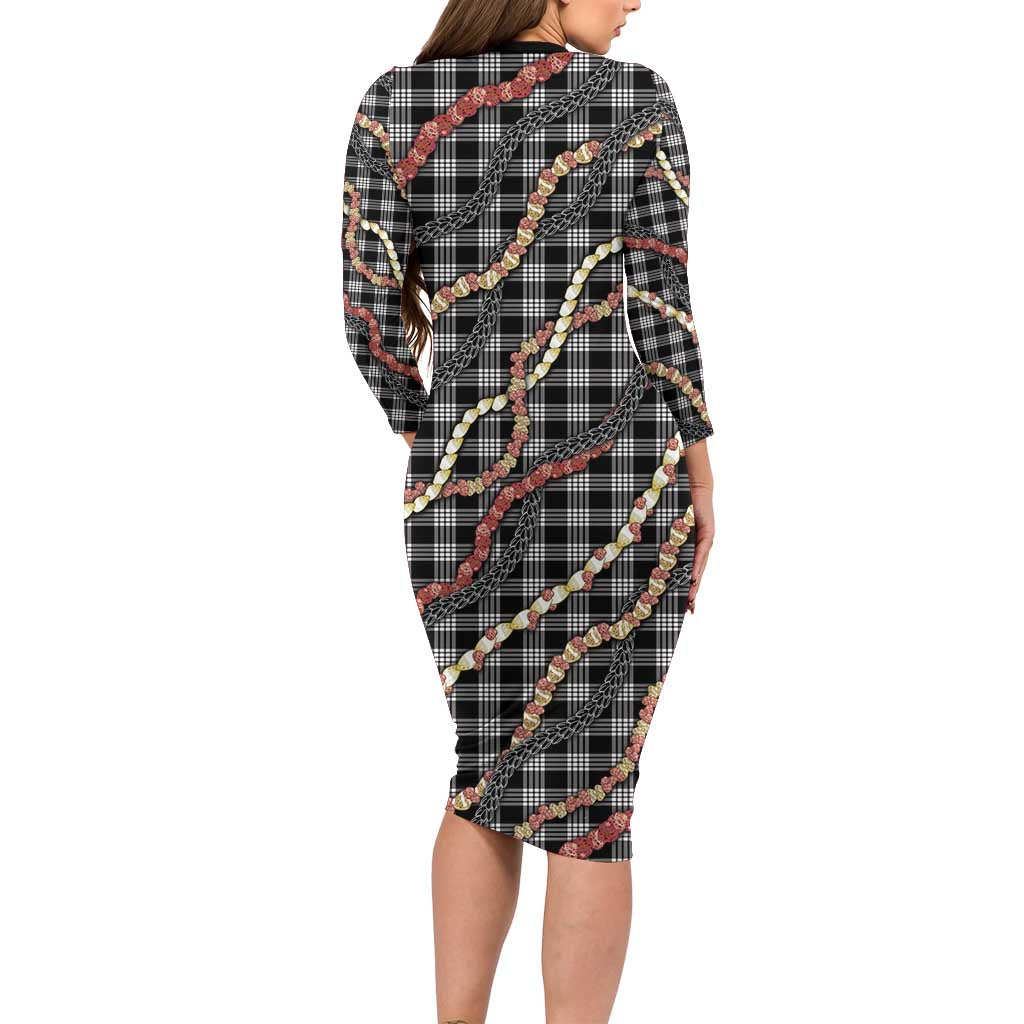 Hawaii Palaka Niihau Shell Lei Long Sleeve Bodycon Dress Tropical Island Plaid Patterns