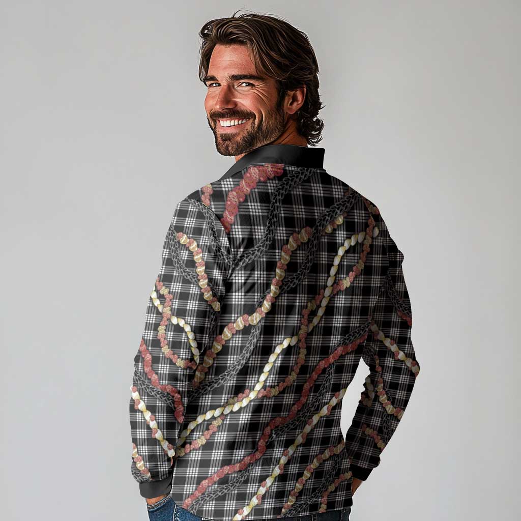 Hawaii Palaka Niihau Shell Lei Long Sleeve Polo Shirt Tropical Island Plaid Patterns