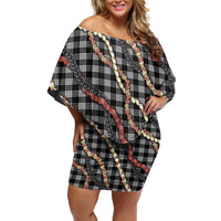 Hawaii Palaka Niihau Shell Lei Off Shoulder Short Dress Tropical Island Plaid Patterns