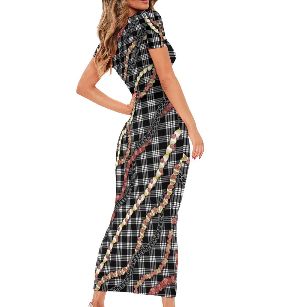 Hawaii Palaka Niihau Shell Lei Short Sleeve Bodycon Dress Tropical Island Plaid Patterns