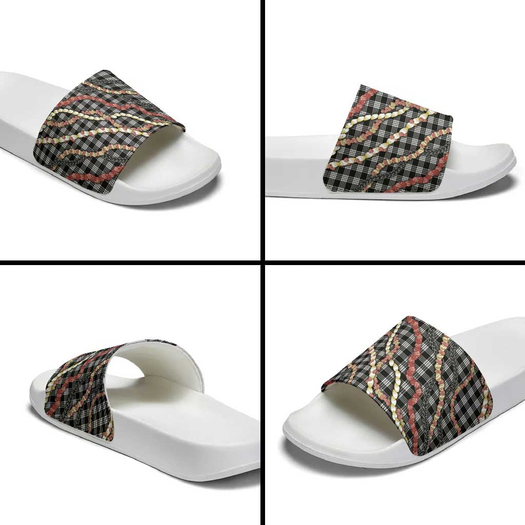 Hawaii Palaka Niihau Shell Lei Slide Sandals Tropical Island Plaid Patterns