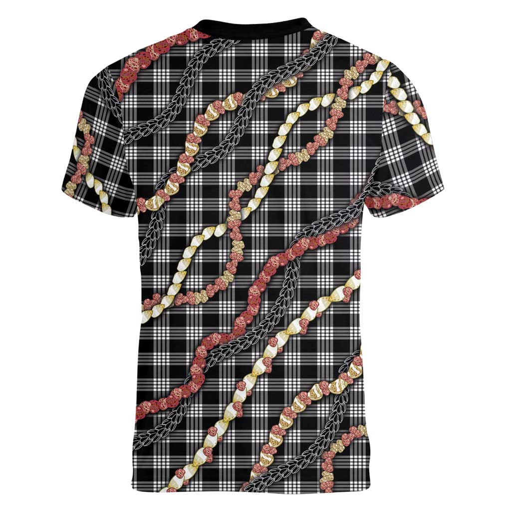 Hawaii Palaka Niihau Shell Lei Women V-Neck T-Shirt Tropical Island Plaid Patterns