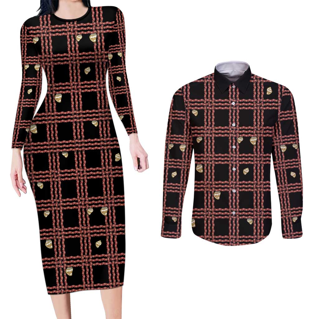 Hawaii Palaka Kahelelani Shell Lei Costume Couples Matching Long Sleeve Bodycon Dress and Long Sleeve Button Shirt Plaid Patterns