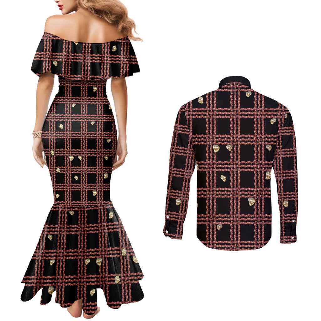 Hawaii Palaka Kahelelani Shell Lei Costume Couples Matching Mermaid Dress and Long Sleeve Button Shirt Plaid Patterns