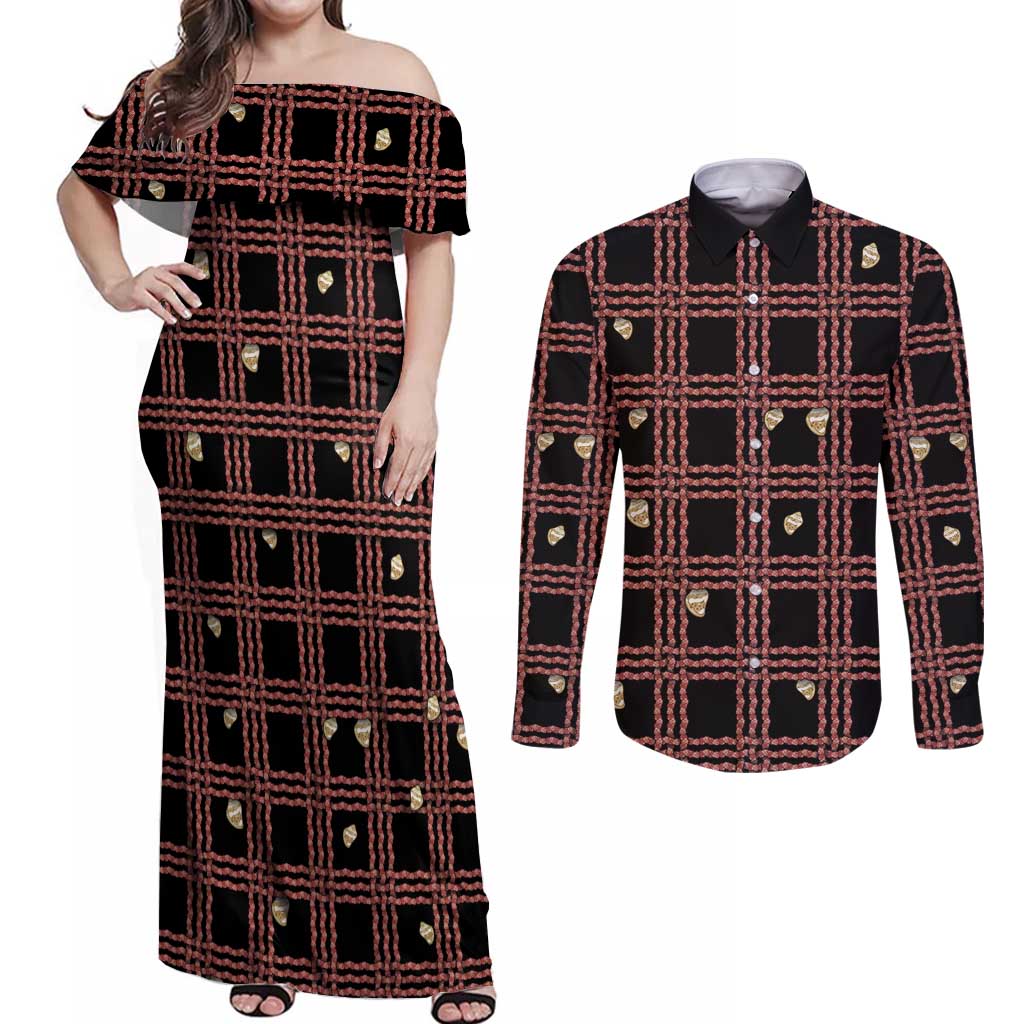 Hawaii Palaka Kahelelani Shell Lei Costume Couples Matching Off Shoulder Maxi Dress and Long Sleeve Button Shirt Plaid Patterns