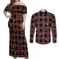 Hawaii Palaka Kahelelani Shell Lei Costume Couples Matching Off Shoulder Maxi Dress and Long Sleeve Button Shirt Plaid Patterns