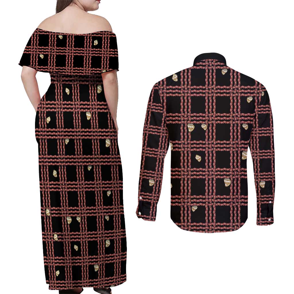 Hawaii Palaka Kahelelani Shell Lei Costume Couples Matching Off Shoulder Maxi Dress and Long Sleeve Button Shirt Plaid Patterns