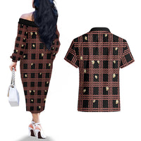 Hawaii Palaka Kahelelani Shell Lei Costume Couples Matching Off The Shoulder Long Sleeve Dress and Hawaiian Shirt Plaid Patterns