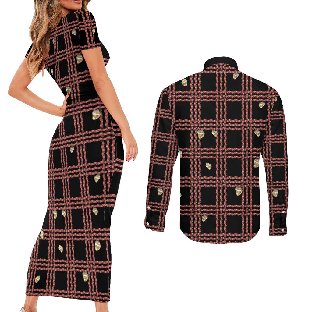 Hawaii Palaka Kahelelani Shell Lei Costume Couples Matching Short Sleeve Bodycon Dress and Long Sleeve Button Shirt Plaid Patterns