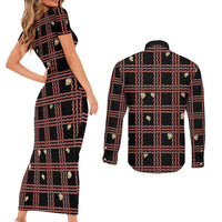 Hawaii Palaka Kahelelani Shell Lei Costume Couples Matching Short Sleeve Bodycon Dress and Long Sleeve Button Shirt Plaid Patterns