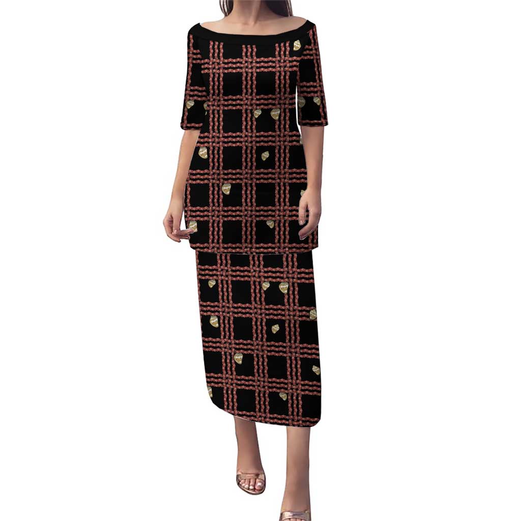 Hawaii Palaka Kahelelani Shell Lei Costume Family Matching Puletasi and Hawaiian Shirt Plaid Patterns DT05 Mom's Dress Black - Polynesian Pride