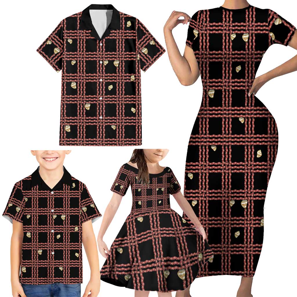 Hawaii Palaka Kahelelani Shell Lei Costume Family Matching Short Sleeve Bodycon Dress and Hawaiian Shirt Plaid Patterns