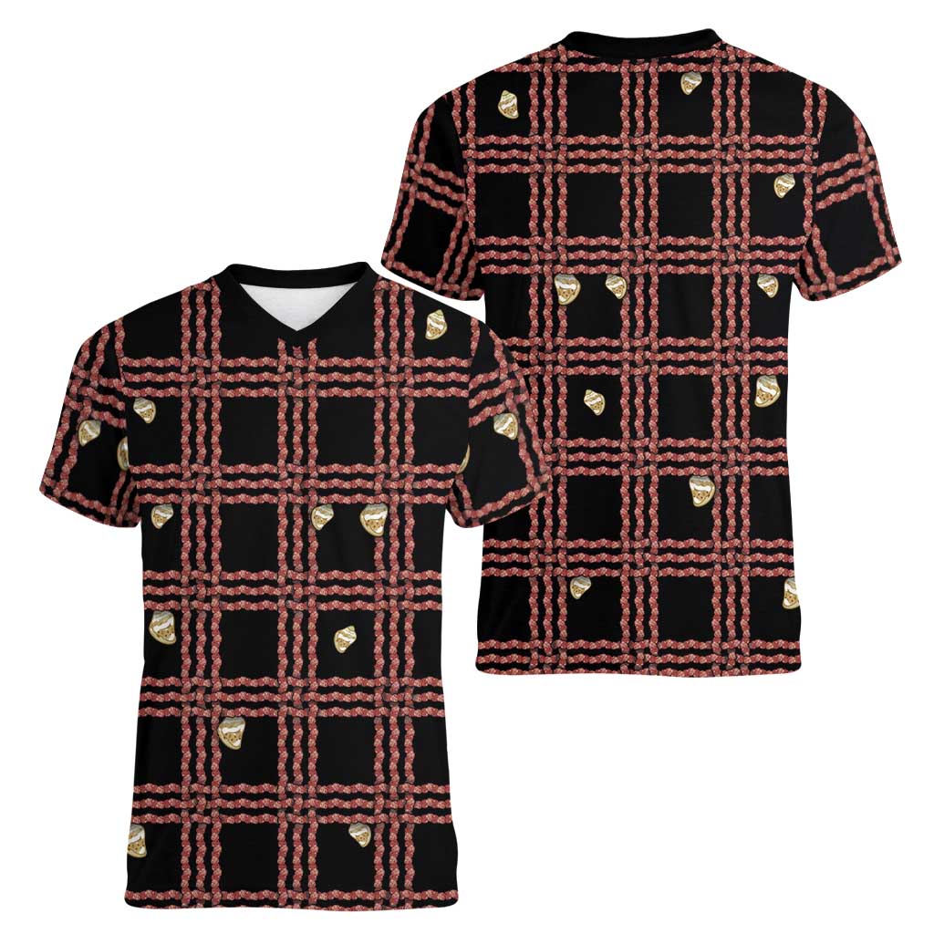 Hawaii Palaka Kahelelani Shell Lei Costume Women V-Neck T-Shirt Plaid Patterns